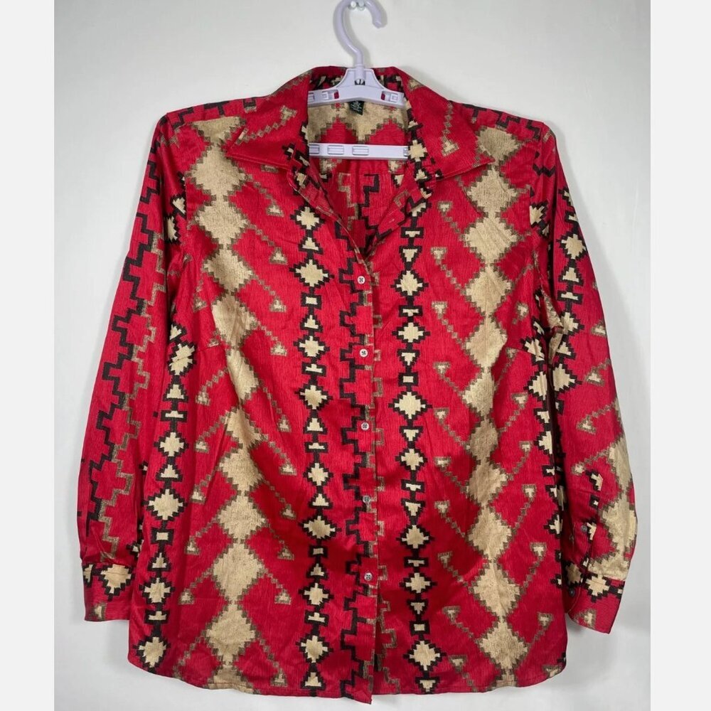 Ralph Lauren Red Shirt Aztec Design Button Down Long Sleeve Wom's US L Green Tag